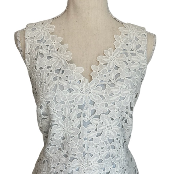 RELISTED LOFT White Lace Dress with Pale Blue Underlay NWT Women’s Size 8 Petite - Picture 2 of 12